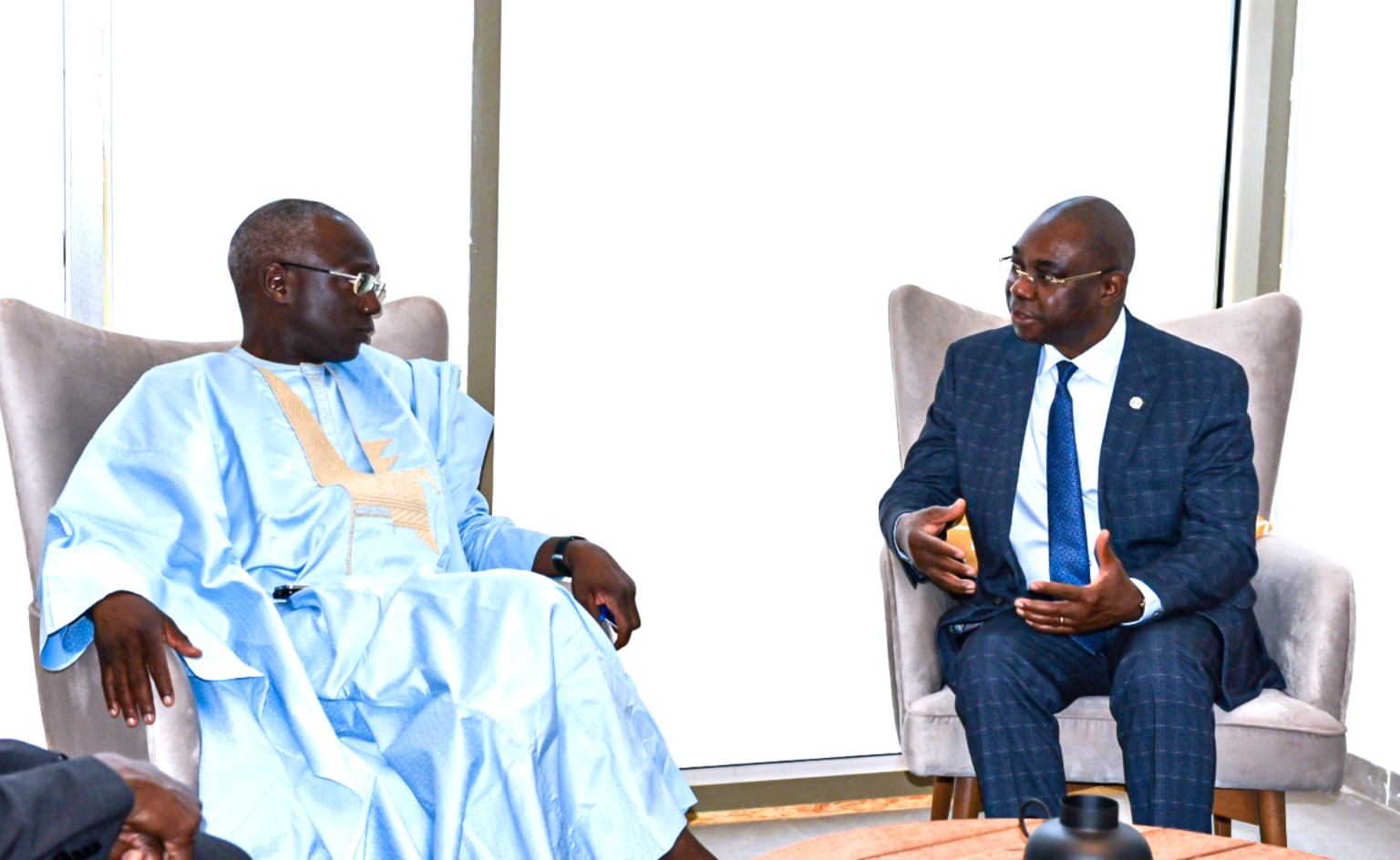 Senegal Minister of Agriculture and Food Sovereignty and Livestock Hon Mabouba Diagne in discussion with icipe Director General of icipe at Sheraton Hotel in Dakar, Senegal